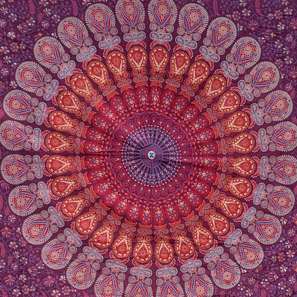 Maroon Peacock Feather Mandala Tapestry Art - Picture 5 of 5